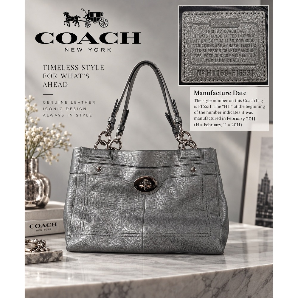 Coach Metallic Gunmetal Pebbled Leather Tote Bag F16531 Silver Hardware 2011